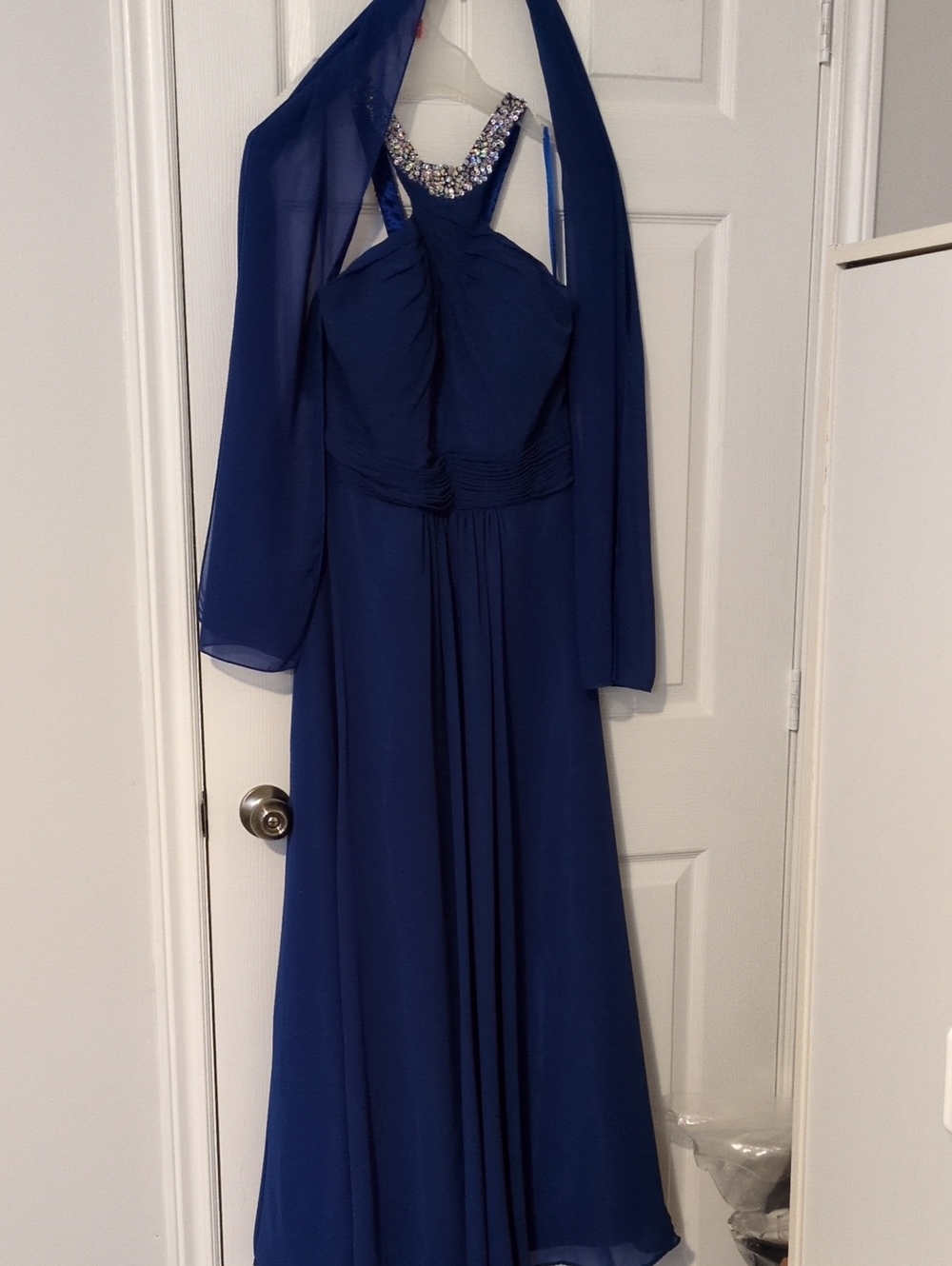 Beaded Halter Navy Blue Maxi Dress with Matching Shawl